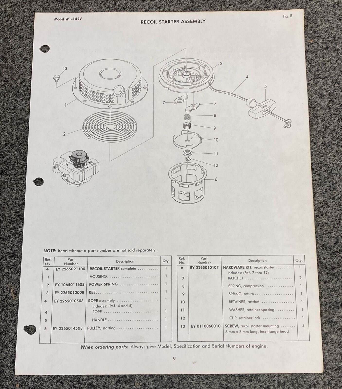 TELEDYNE WISCONSIN ROBIN W1-145V LOOSE-LEAF PARTS CATALOG