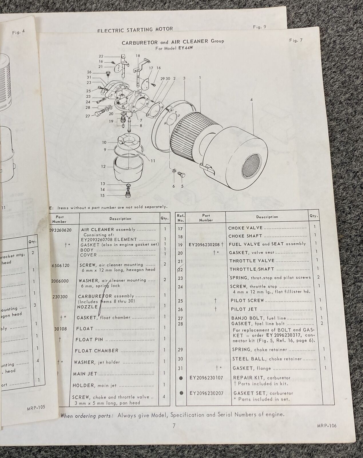 TELEDYNE WISCONSIN ROBIN EY44W LOOSE-LEAF SERVICE PARTS MANUAL