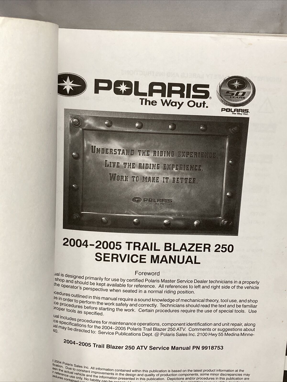 GENUINE POLARIS 9919476 TRAIL BLAZER SERVICE MANUAL 2004-2005