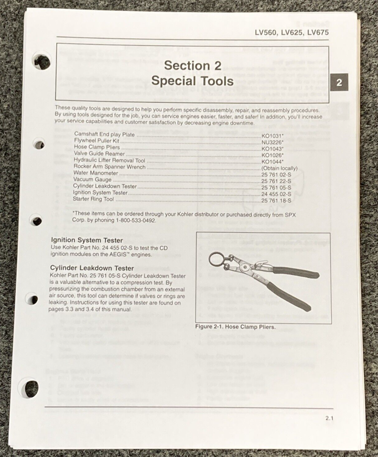 GENUINE KOHLER ENGINES TP-2509 LOOSE-LEAF AEGIS SERVICE MANUAL