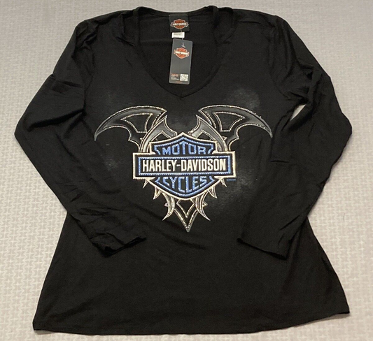 NEW HARLEY DAVIDSON HT4677BLK DULCE LONG SLEEVE V-NECK RHINESTONES BLACK SM