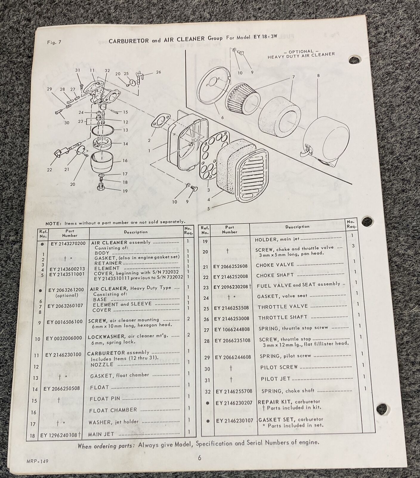 TELEDYNE WISCONSIN ROBIN EY18-3W LOOSE-LEAF SERVICE PARTS MANUAL