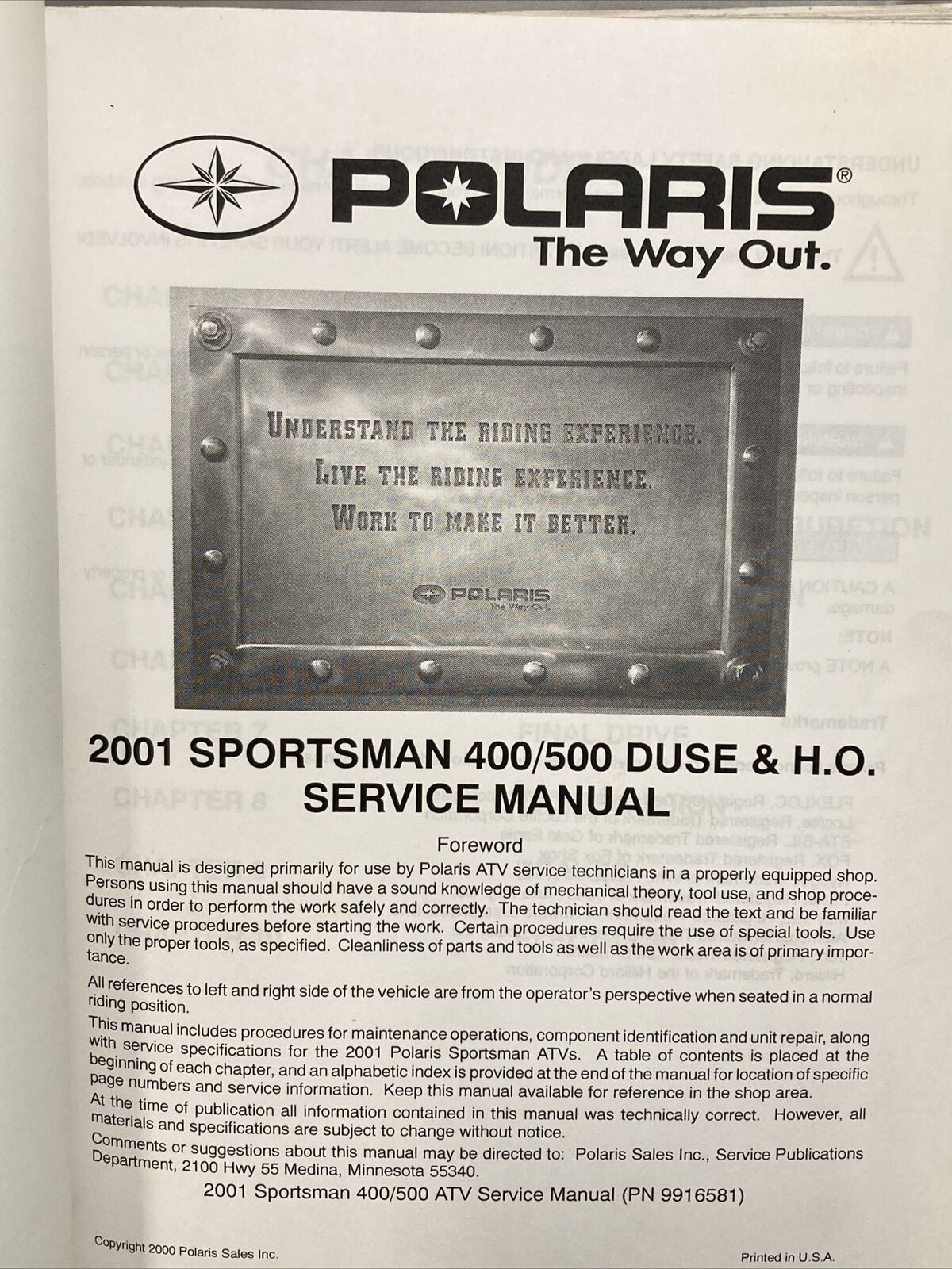 GENUINE POLARIS 9916581 SPORTSMAN 400/500 DUSE & H.O. SERVICE MANUAL 2001