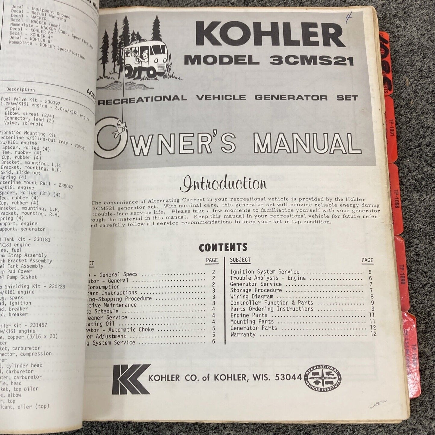 GENUINE KOHLER GENERATORS PARTS LISTING/OWNERS/IDENTIFICATION MANUALS