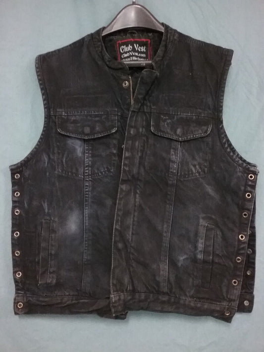 CLUB VEST MENS SZ M DENIM BIKER VEST ZIP & BUTTON FRONT BLACK ACID WASH