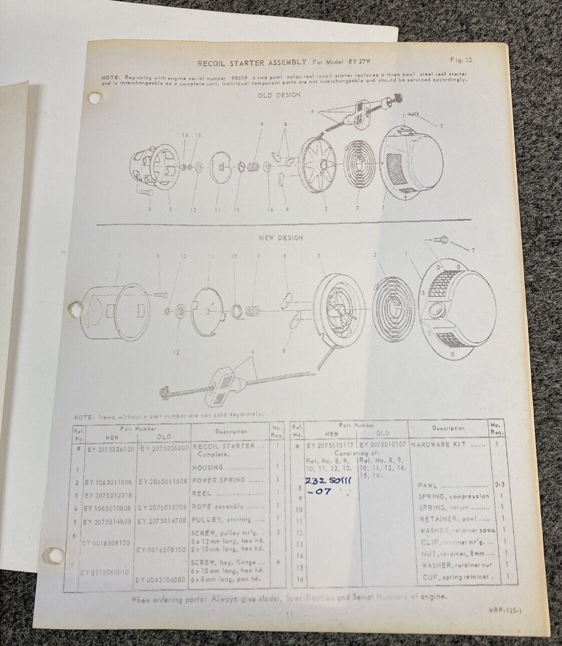 TELEDYNE WISCONSIN ROBIN EY27W LOOSE-LEAF SERVICE PARTS MANUAL