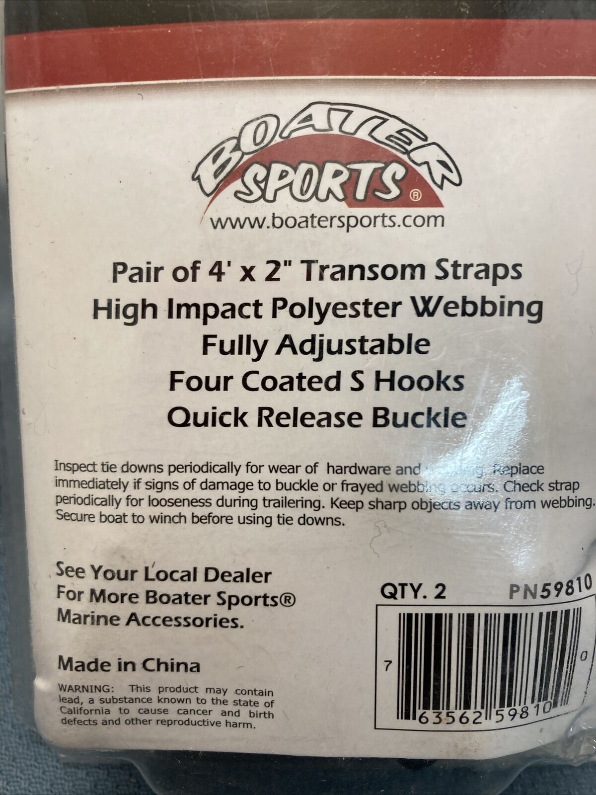 NEW BOATER SPORTS 59810 TRANSOM STRAPS 2"X4' ADJUSTABLE COATED HOOKS