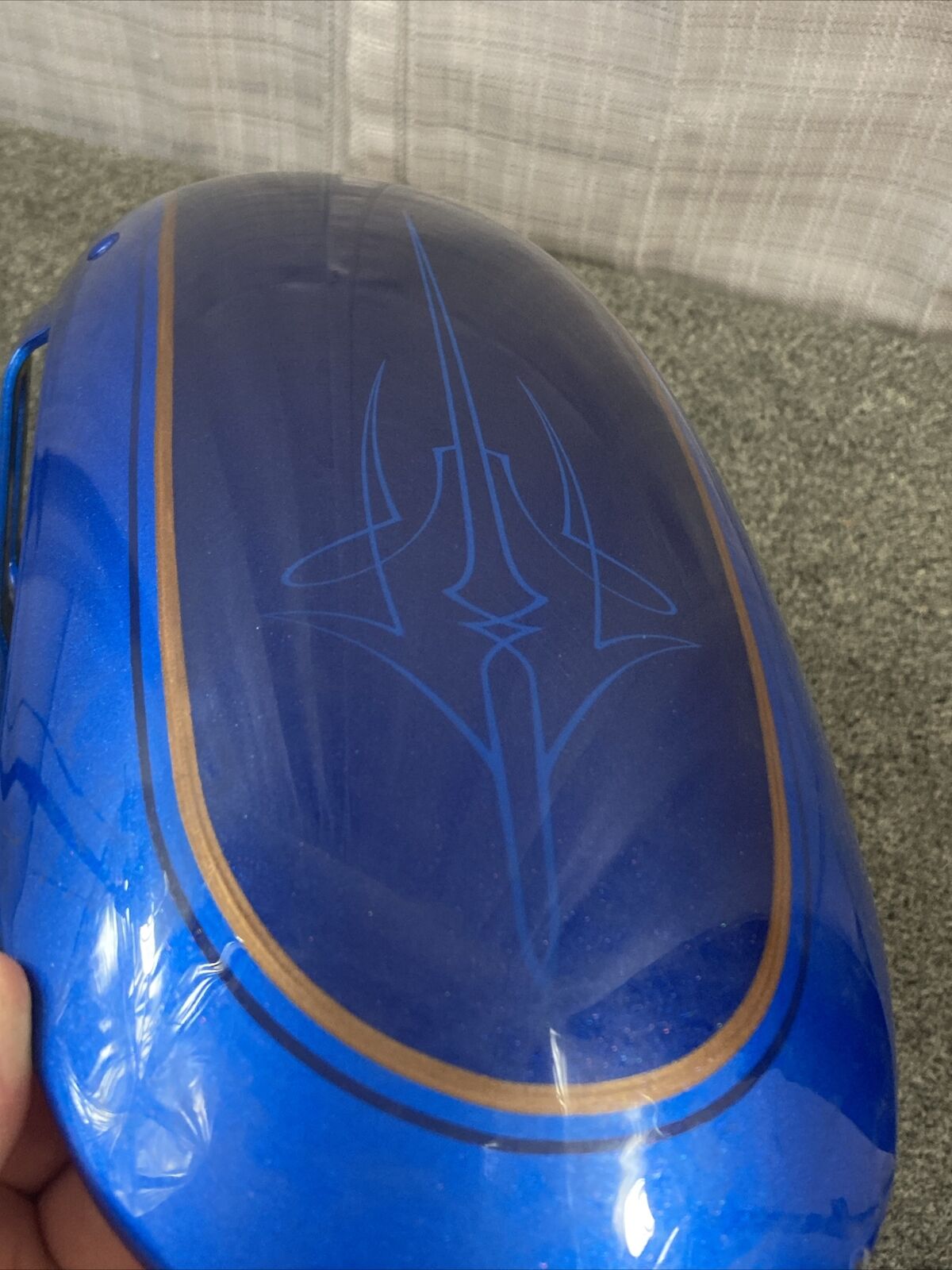 HARLEY DAVIDSON FRONT FENDER, BLUE WITH PIN STRIPE AND SWORD DESIGN