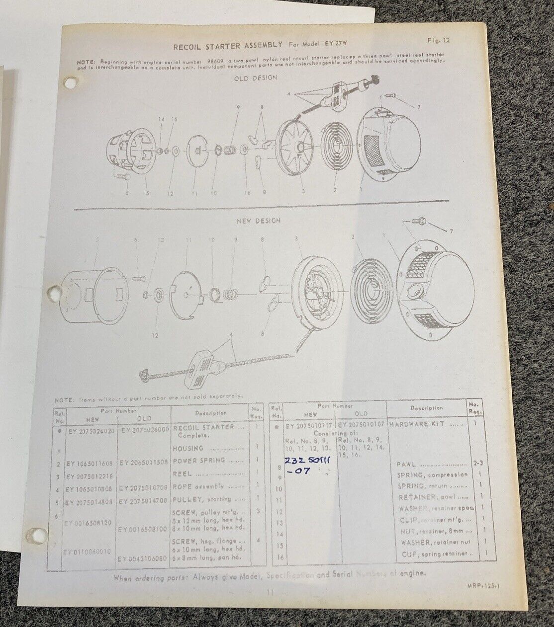 TELEDYNE WISCONSIN ROBIN EY27W LOOSE-LEAF SERVICE PARTS MANUAL