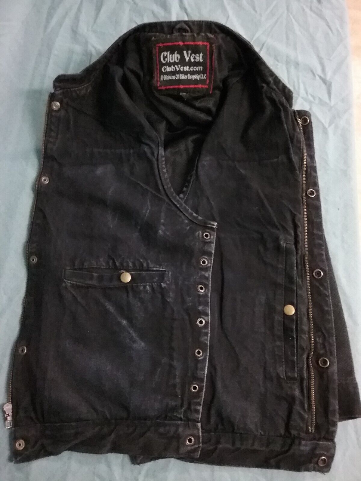 CLUB VEST MENS SZ M DENIM BIKER VEST ZIP & BUTTON FRONT BLACK ACID WASH